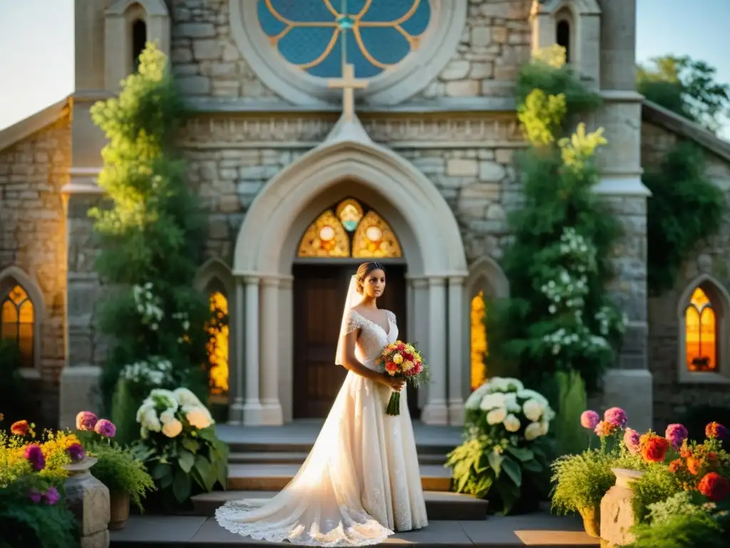 La novia en la entrada de la iglesia histórica al atardecer, rodeada de naturaleza exuberante