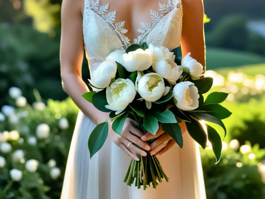 Una novia sostiene un exuberante ramo de peonías blancas y rosas delicadas, con un fondo de jardín romántico