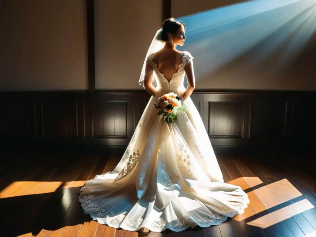 Una novia irradia felicidad mientras espera su día especial, vistiendo un deslumbrante vestido blanco con detalles de encaje