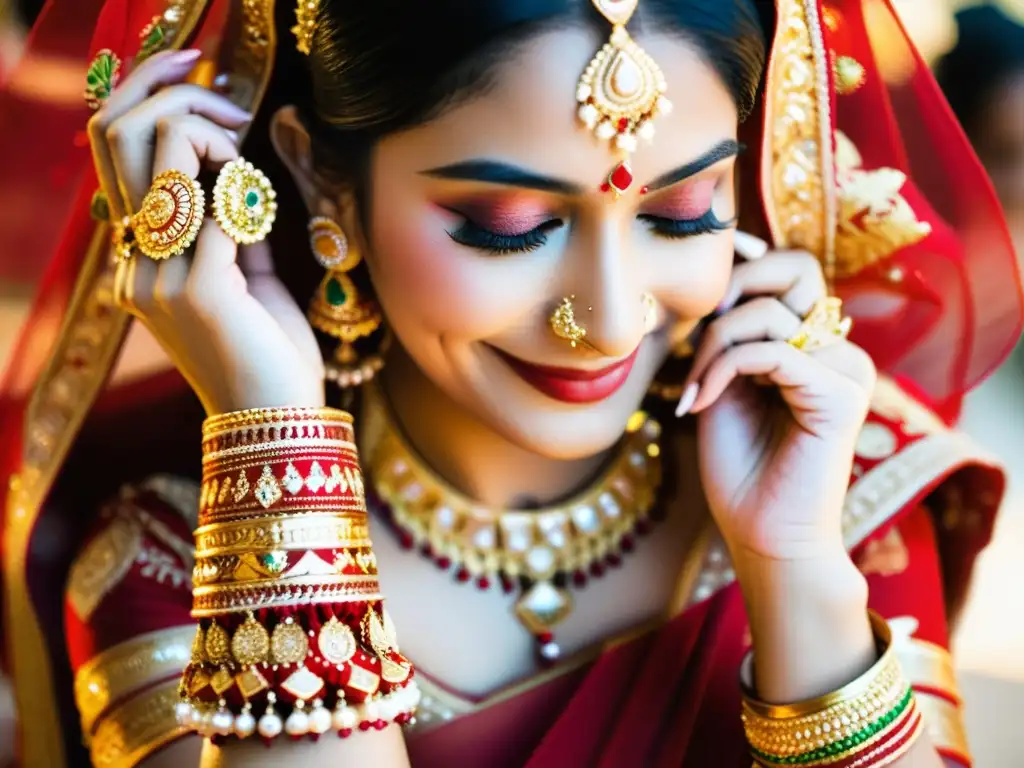 Una novia india viste un sari rojo y dorado con joyería tradicional, rodeada de celebración y preparativos para la ceremonia de boda