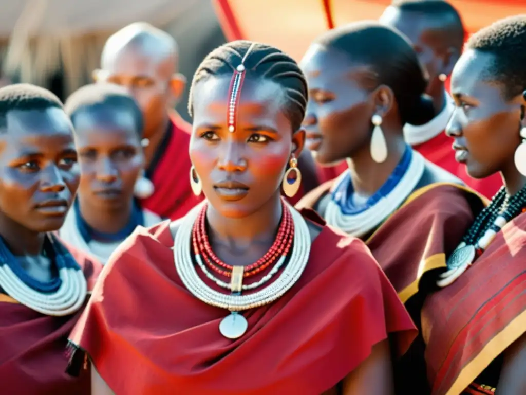 Una novia Maasai en su colorida ceremonia nupcial rodeada de mujeres cantando y bailando en un pueblo tradicional de Kenia