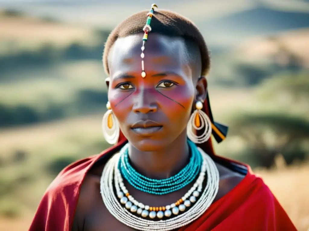 Una novia Maasai deslumbrante con atuendo nupcial tradicional, rodeada de su comunidad y un paisaje impresionante