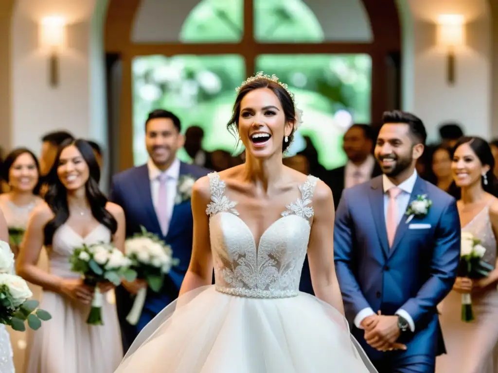 La novia moderna entra con elegancia en una ceremonia, rodeada de flores y luz suave