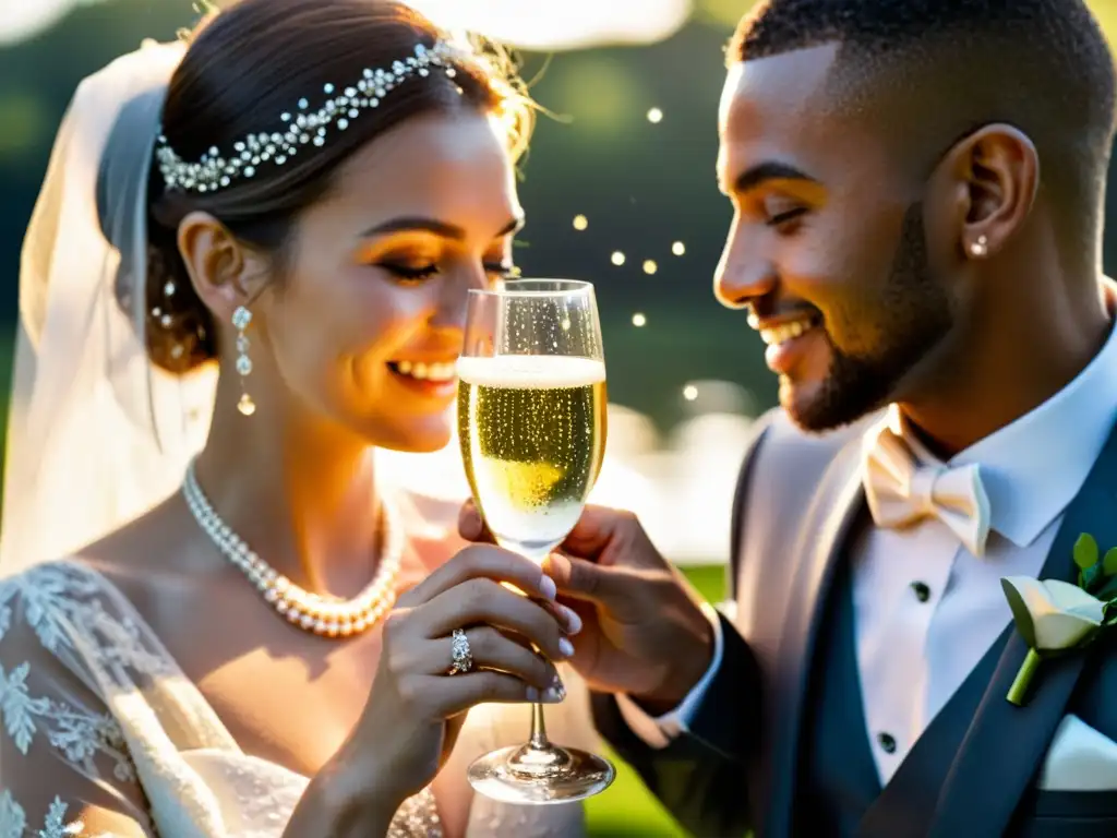 La novia y el novio comparten un momento tierno y celebratorio, con burbujas efervescentes y un brindis en una boda