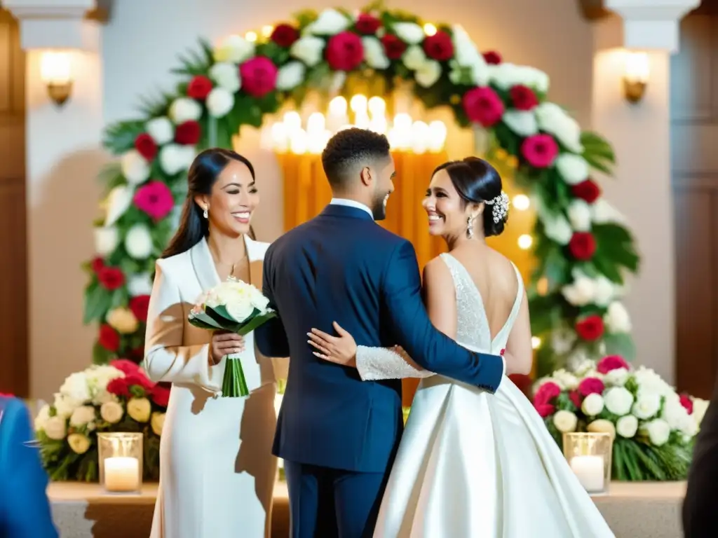 Una novia y un novio intercambian votos en una hermosa boda de víspera de Año Nuevo, rodeados de familia y amigos en una atmósfera festiva