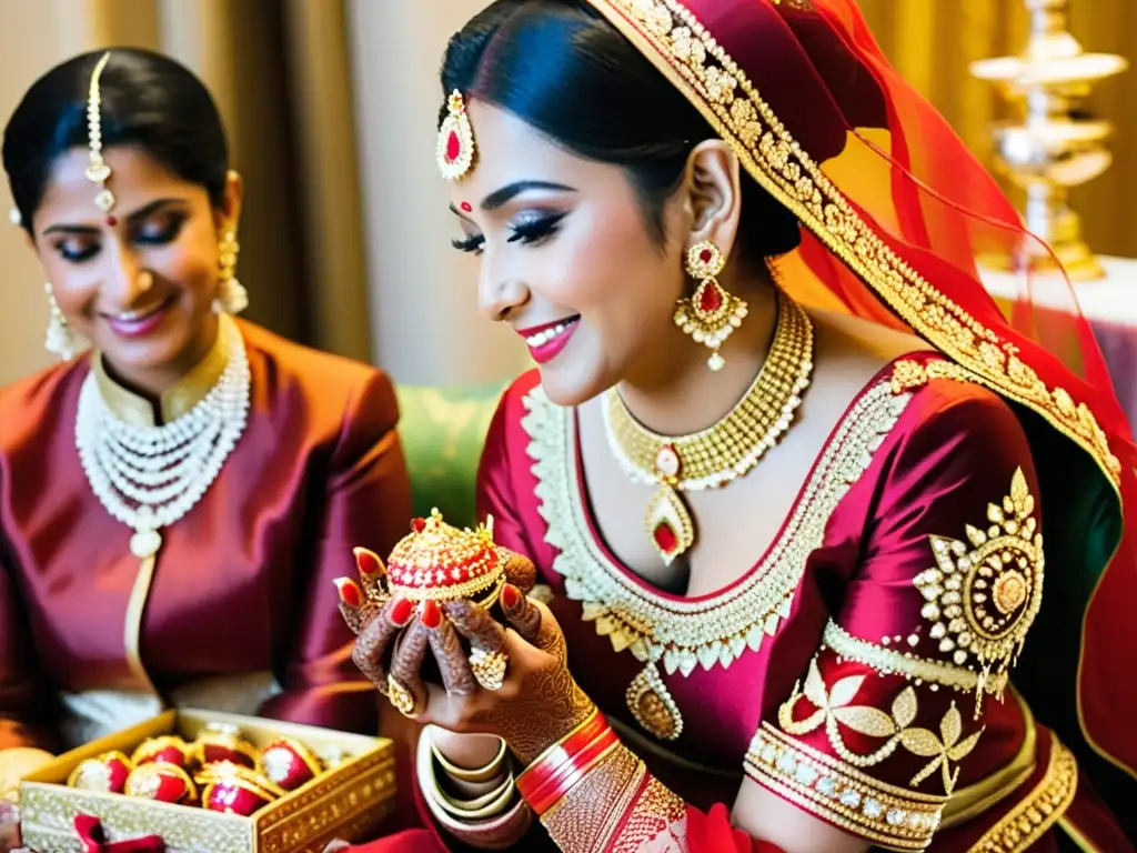 La novia se viste con trajes rojos y dorados en una ceremonia de boda tradicional del sur de Asia, rodeada de joyas y regalos