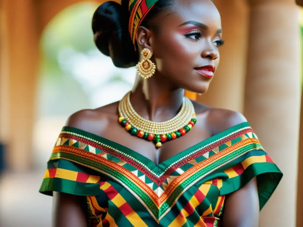 Una novia lleva un vibrante y detallado Kente cloth en Rituales de bodas africanas, rodeada de exuberante naturaleza y celebraciones alegres