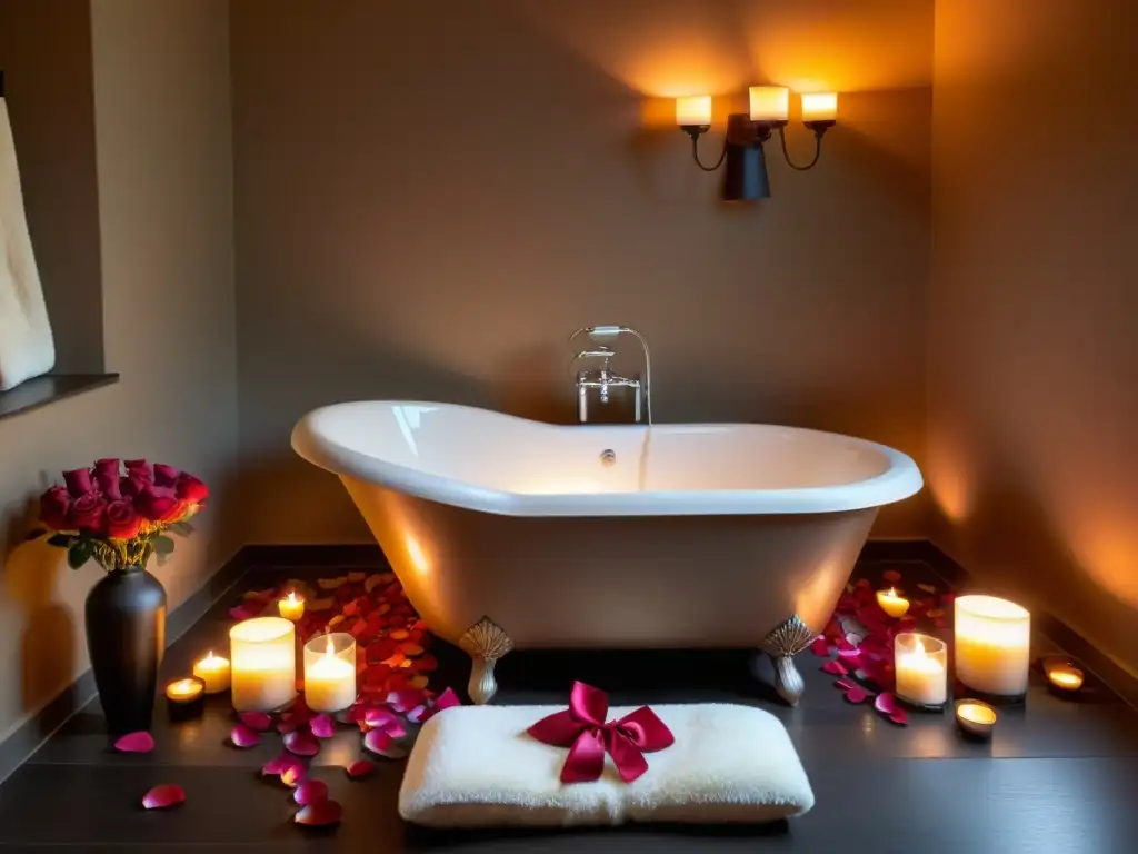 Un oasis de relajación en un spa con bañera llena de pétalos de rosa y velas, invitando a rituales de spa para transformación personal