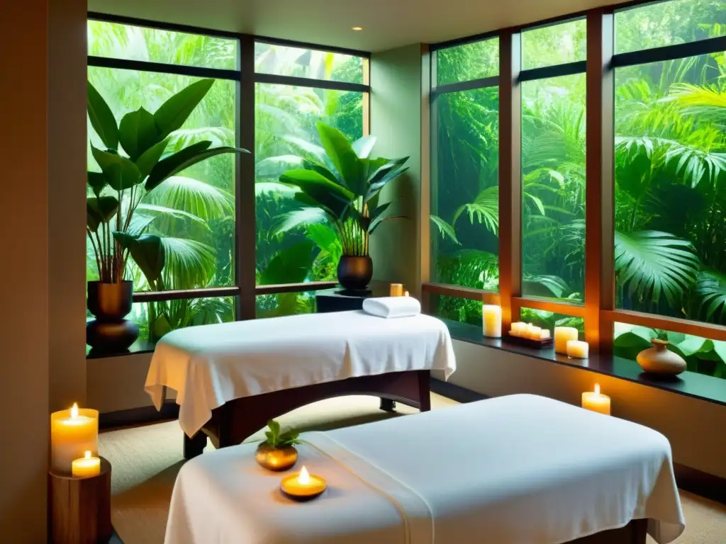 Un oasis de serenidad en un spa, con luz natural, vegetación exuberante, masaje relajante y velas