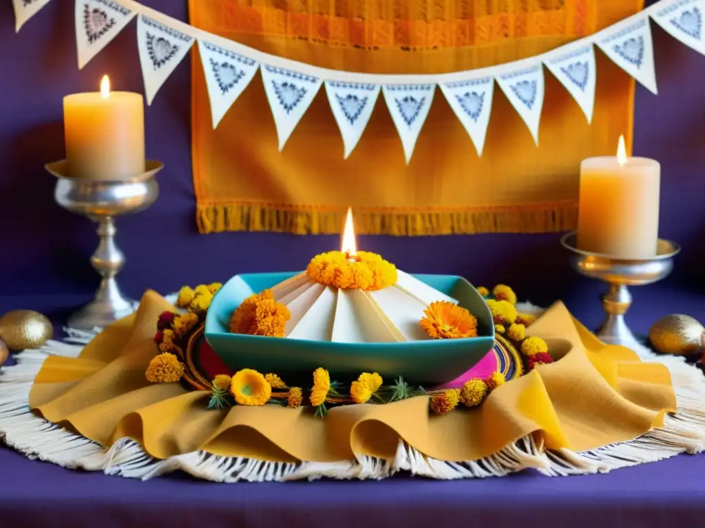 Ofrenda oaxaqueña con velas encendidas, flores y alimentos tradicionales