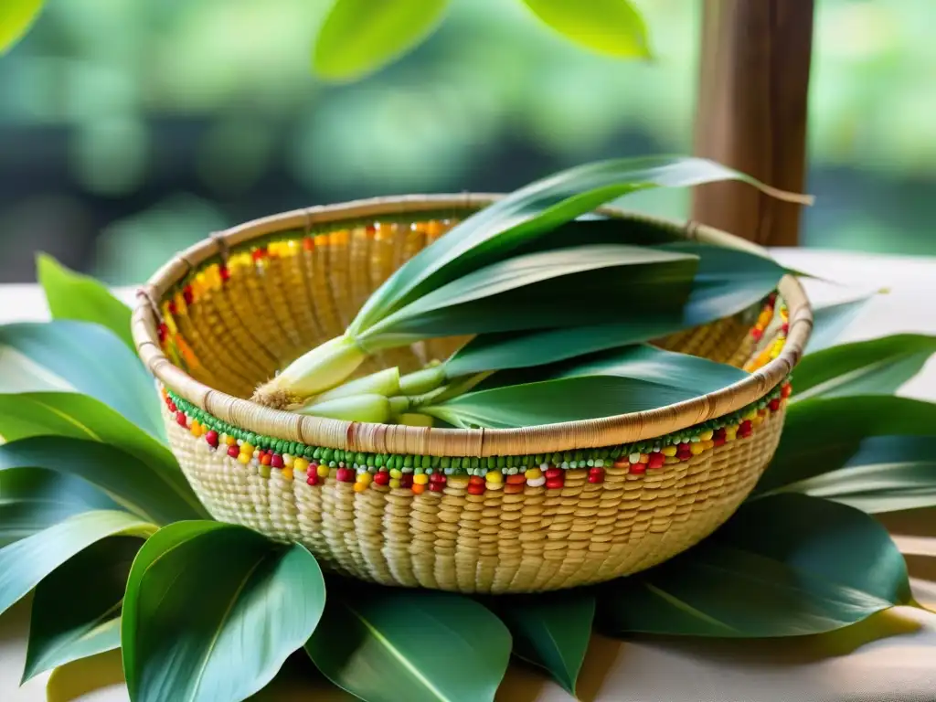 Ofrenda ceremonial de maíz verde con plumas y cuentas, evocando la tradición Cherokee de fertilidad y abundancia