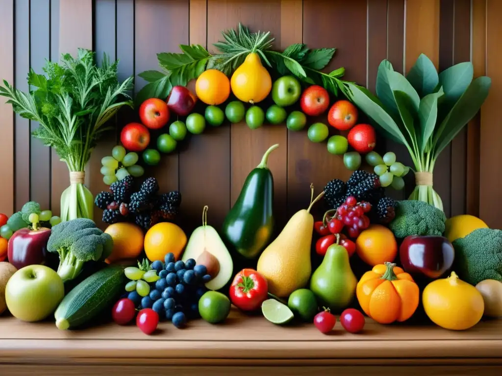 Una ofrenda de frutas, verduras y hierbas en un altar de madera