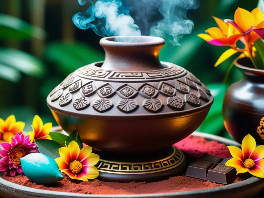 Ofrenda maya de chocolate en ritual sagrado con cacao y sacerdotisa