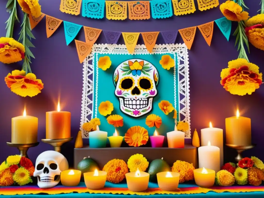 Una ofrenda tradicional mexicana con vívidos colores, calaveras de azúcar y símbolos con el significado oculto del Festival de Muertos en México