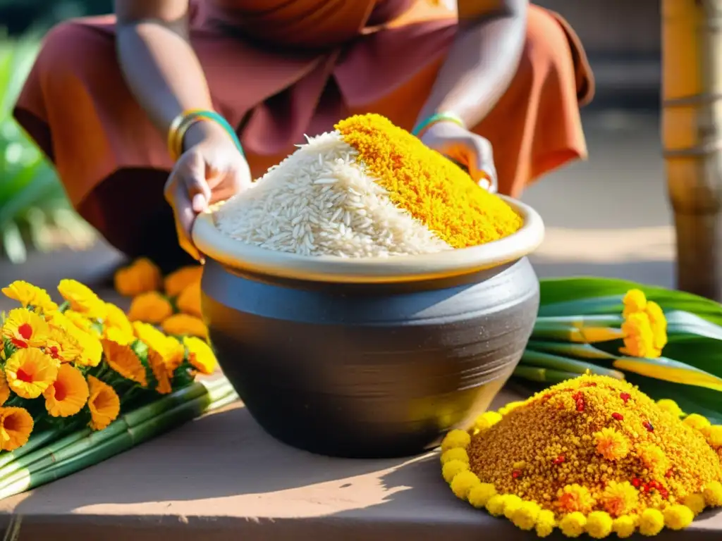 Ofrendas coloridas en el festival de la cosecha Pongal: mujeres celebrando con arroz, caña de azúcar y flores vibrantes bajo el cálido sol