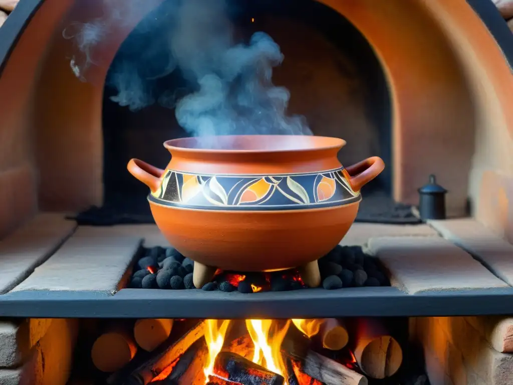 Una olla de barro ancestral, iluminada por las llamas y decorada con diseños pintados a mano