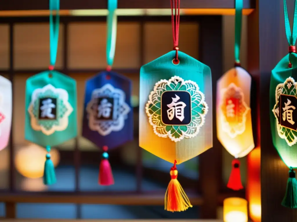 Un omamori japonés tradicional cuelga en un templo sereno, irradiando sabiduría antigua y significado cultural