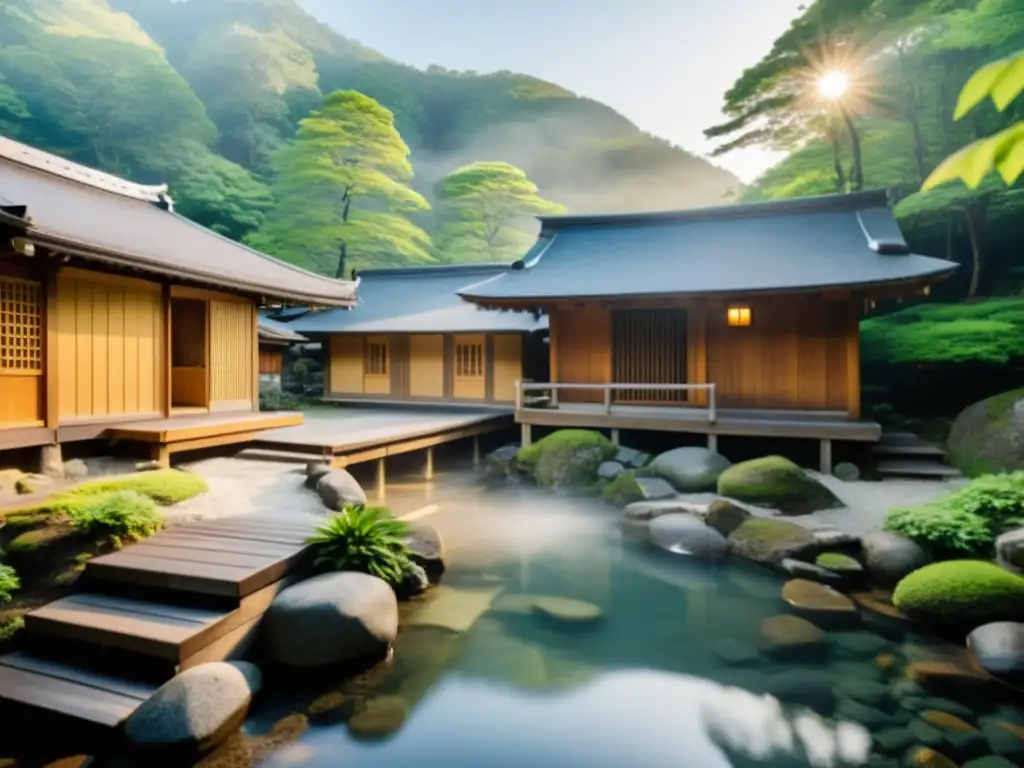 Un onsen tradicional japonés en un bosque tranquilo, con vapor surgiendo del agua mineral, rodeado de exuberante vegetación