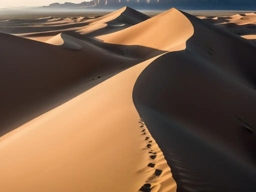 Un paisaje desértico con dunas de arena y una figura solitaria caminando