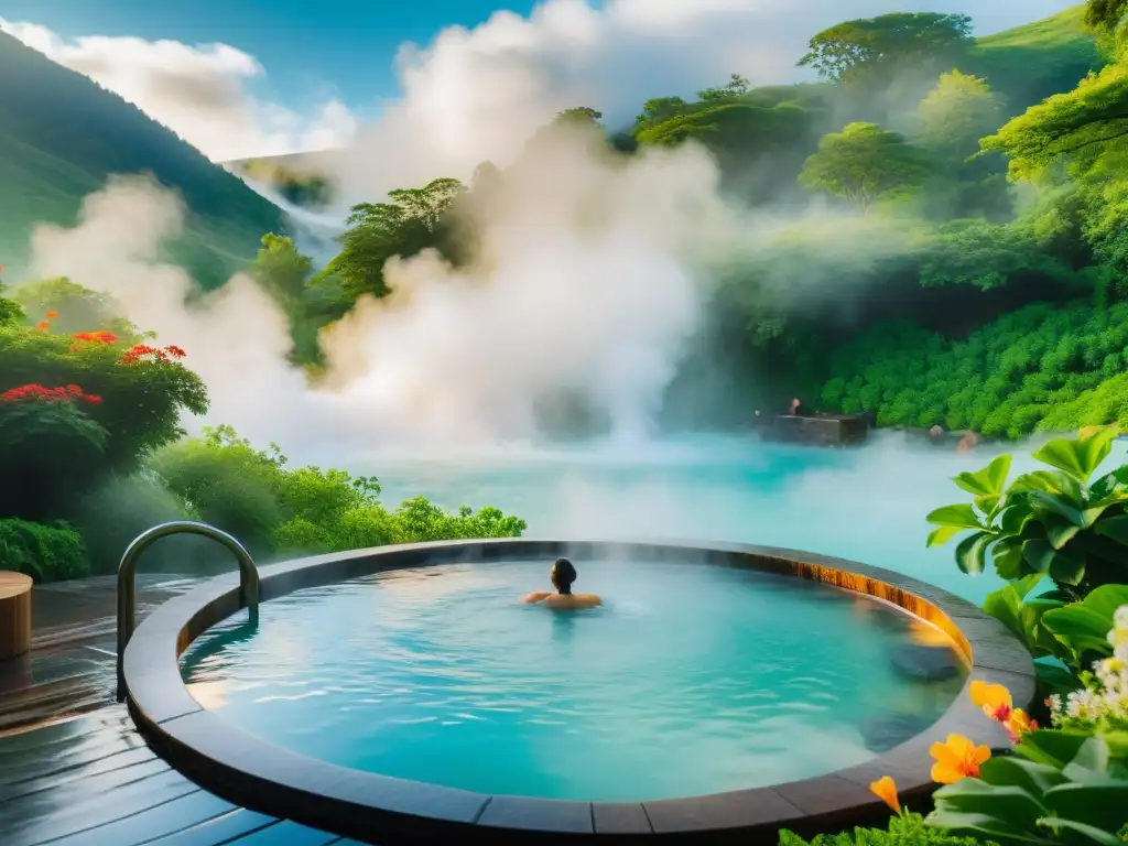 Un paisaje idílico de un relajante spa geotérmico en medio de la naturaleza exuberante, donde las personas disfrutan de rituales de bienestar