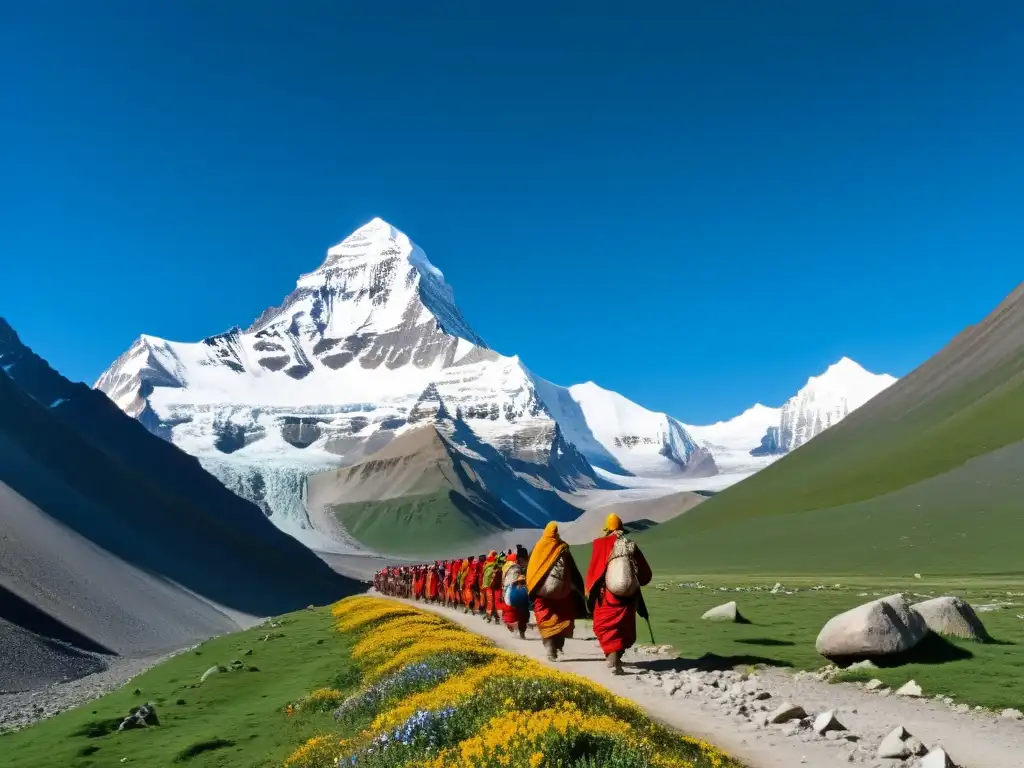 Un paisaje impresionante del Monte Kailash, con picos nevados, valles verdes y peregrinos en su peregrinación al Monte Kailash Tíbet