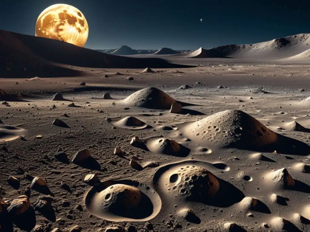 Un paisaje lunar detallado, iluminado por el suave resplandor de la Tierra reflejado en la superficie lunar