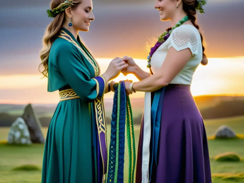 En un paisaje místico, una pareja celebra un ritual de bodas celtas, intercambiando votos mientras sostienen un cordón ceremonial