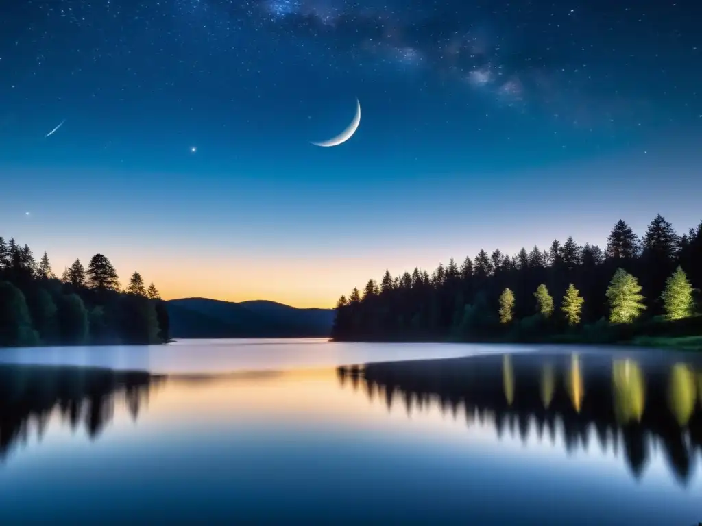 Un paisaje nocturno sereno con la Luna Nueva sobre un lago tranquilo, reflejando su brillo