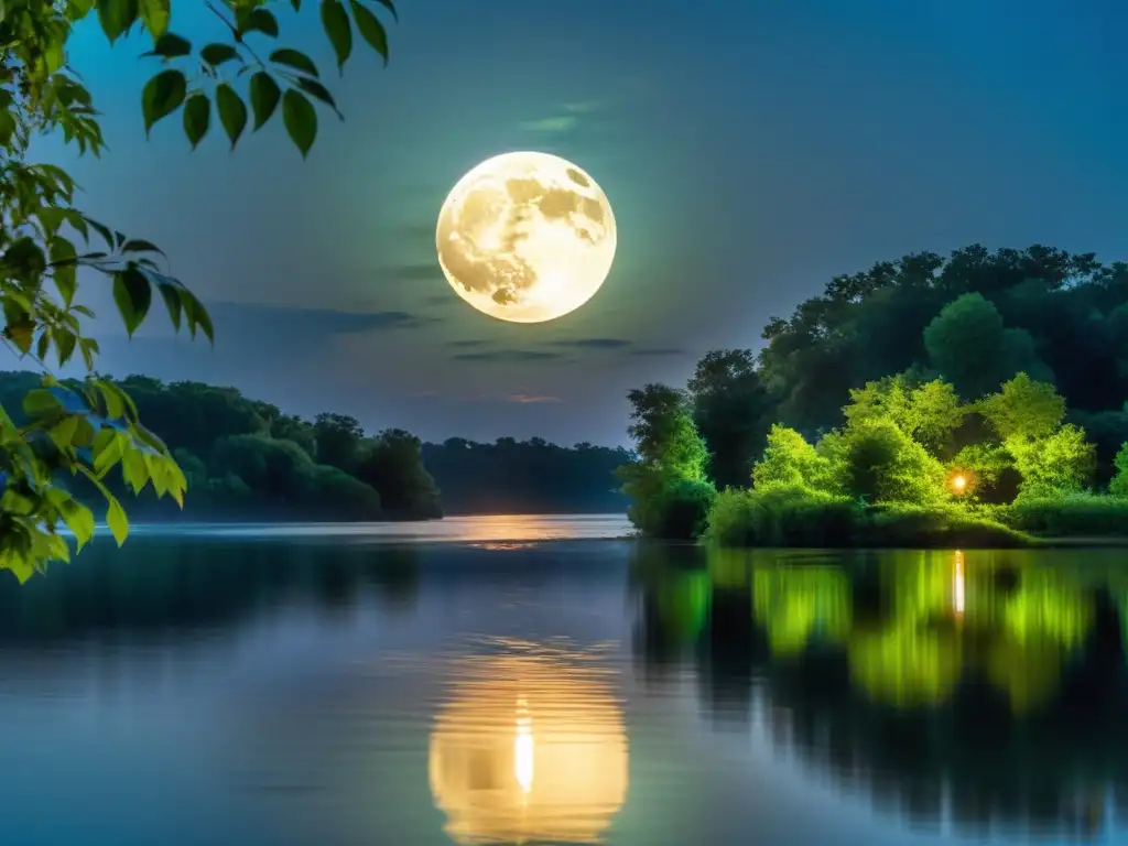 Un paisaje nocturno tranquilo iluminado por la luna llena, reflejando su brillo en un cuerpo de agua sereno