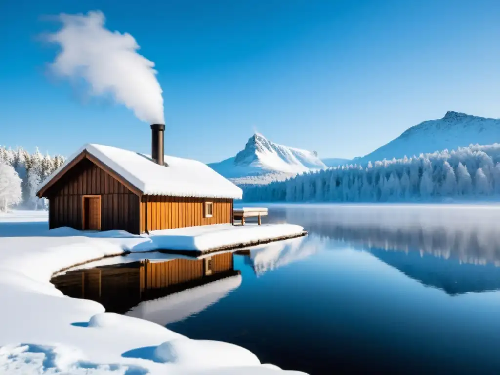 Un paisaje nórdico nevado con un lago helado y una sauna, evocando el ritual nórdico inmersión agua helada