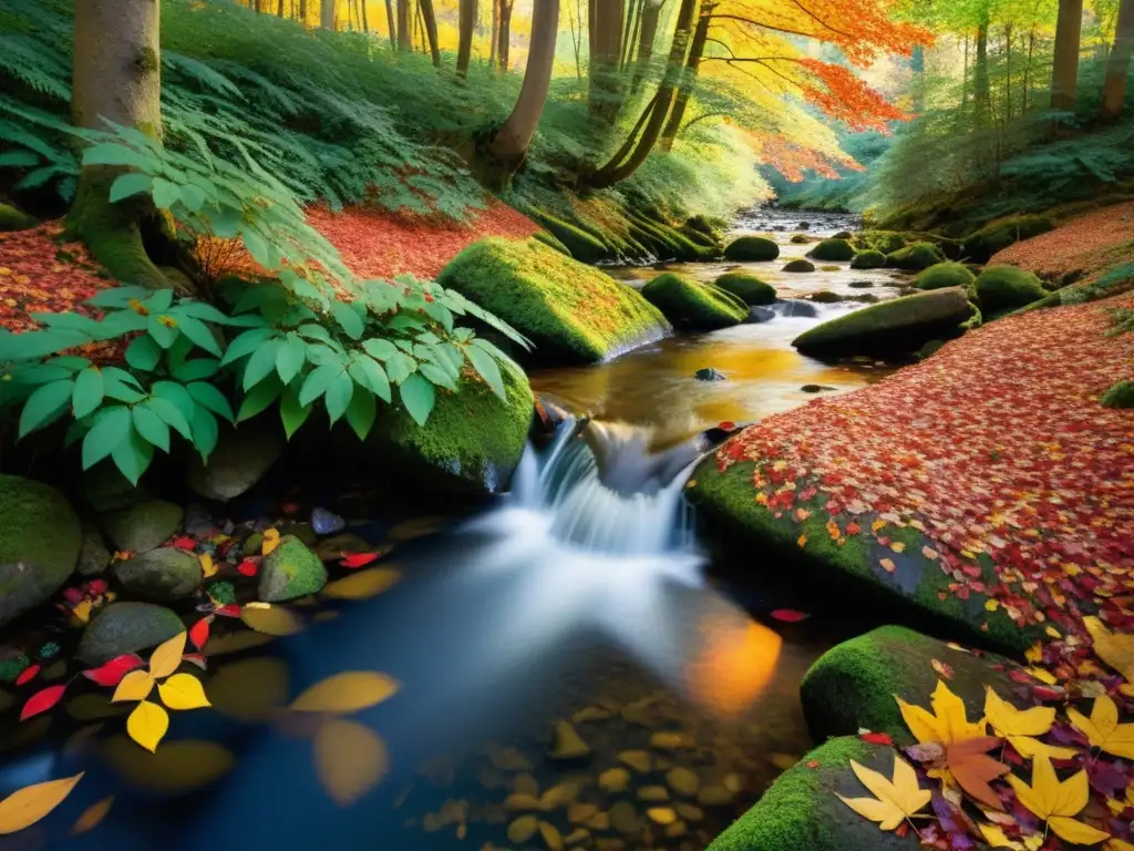 Un paisaje otoñal vibrante con un bosque exuberante que muestra una rica paleta de follaje rojo, naranja y dorado