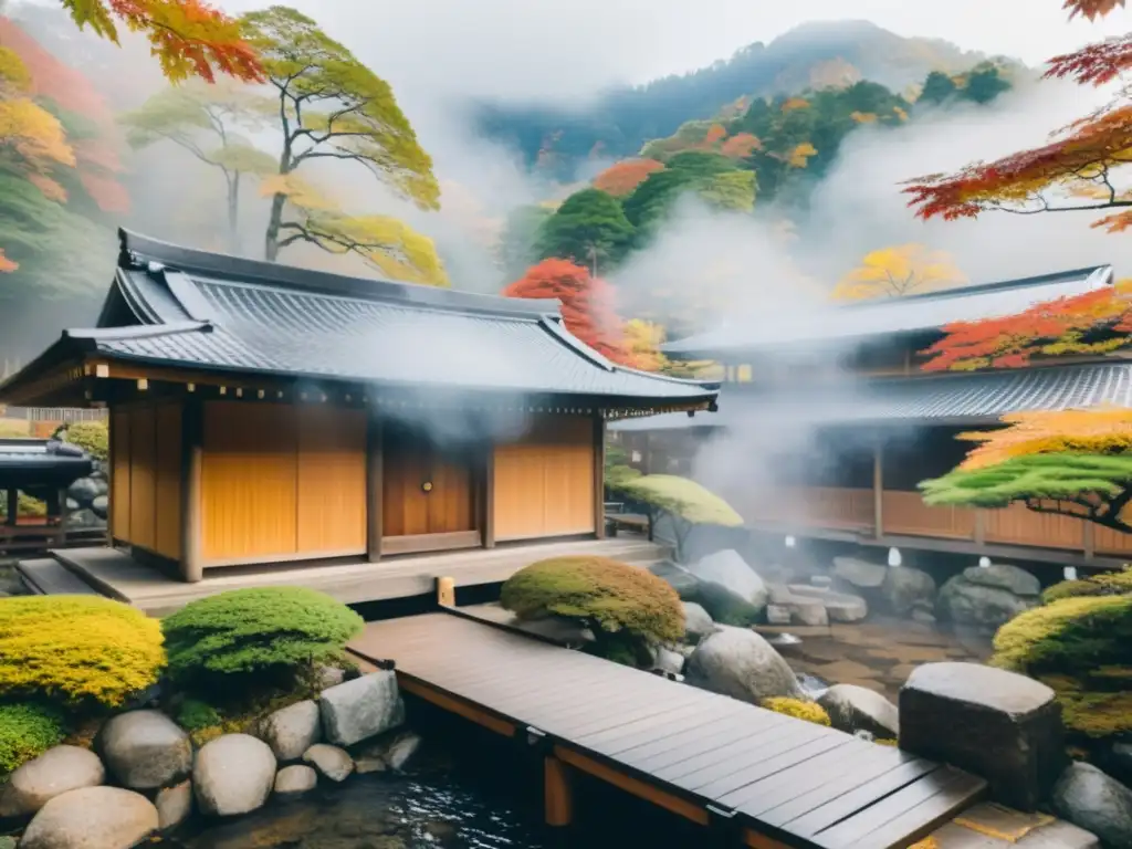 Un paisaje de montaña sereno y brumoso en Japón, con un onsen tradicional entre follaje otoñal