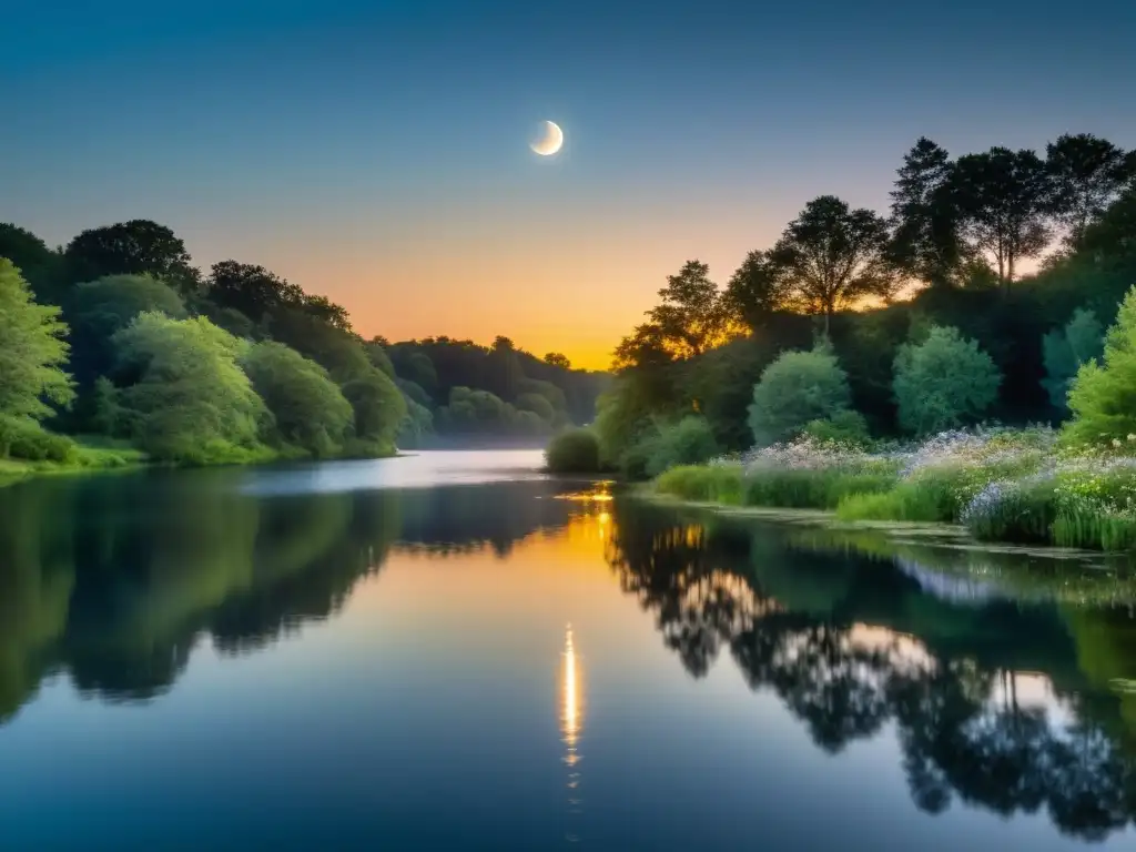 Un paisaje sereno iluminado por la luna con agua tranquila reflejando su luz