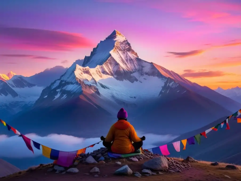 Un paisaje de montaña sereno y neblinoso al amanecer, con una figura solitaria meditando en la cima, rodeada de coloridas banderas de oración