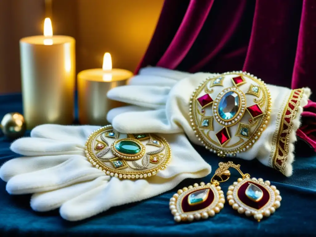 Un par de guantes blancos bordados y unos mitones dorados están colocados delicadamente en un cojín de terciopelo, rodeados de luz de velas