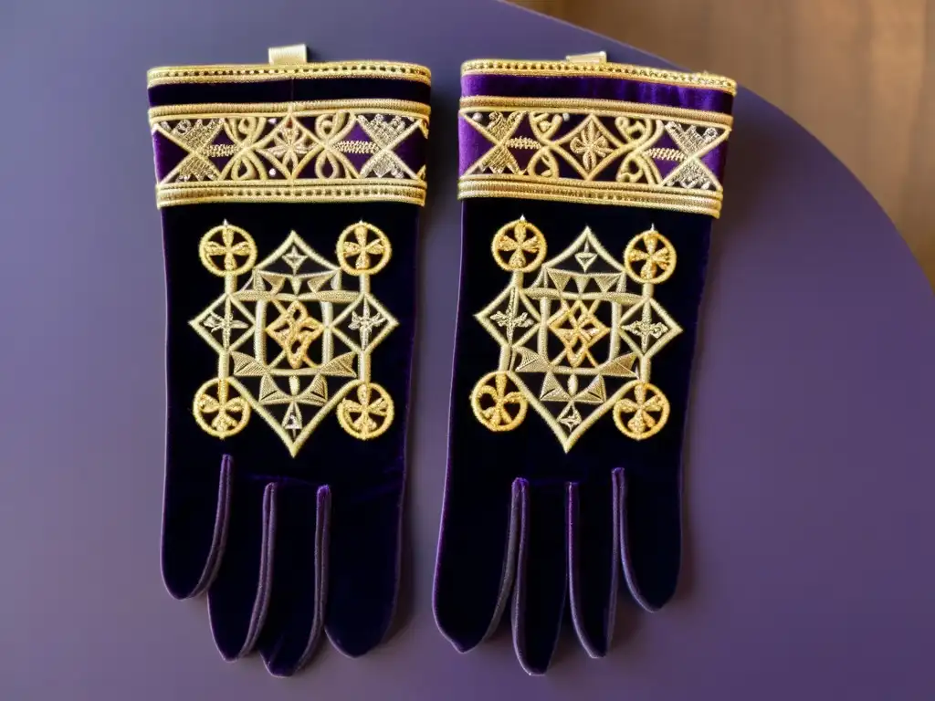 Un par de guantes ceremoniales bordados con hilo de oro y plata, sobre terciopelo morado