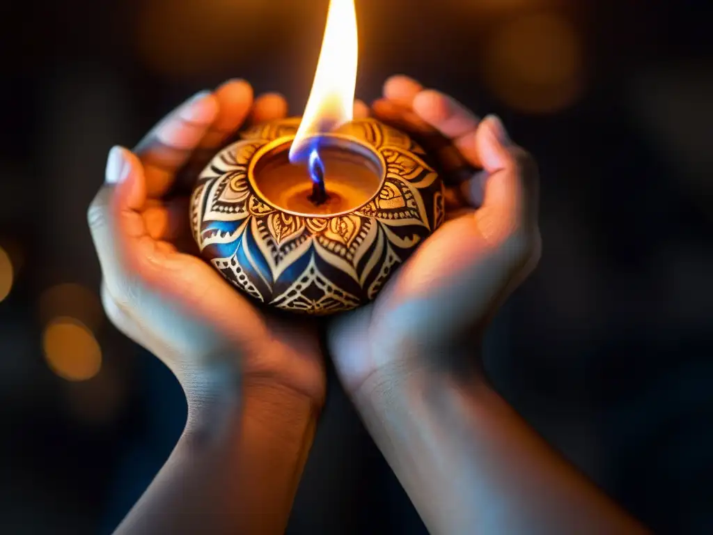 Un par de manos arrugadas con diseños de henna sostienen una llama titilante, en un ritual de encendido de fuego sagrado