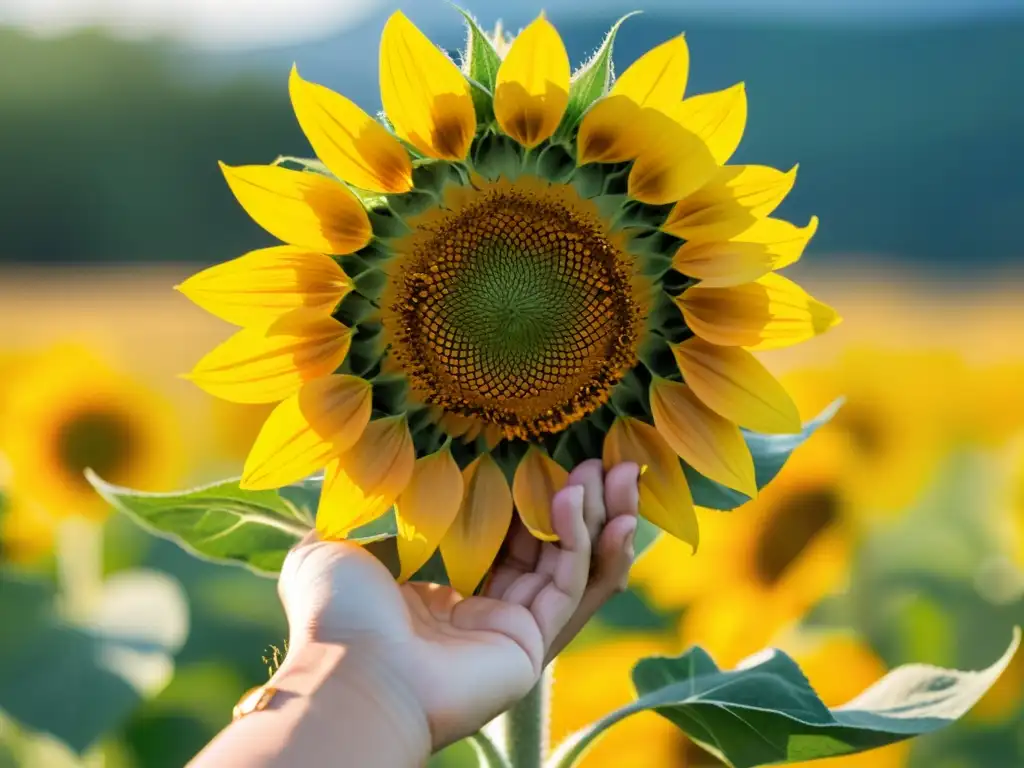 Un par de manos sostiene suavemente un girasol en un prado sereno, evocando gratitud y aprecio por la naturaleza