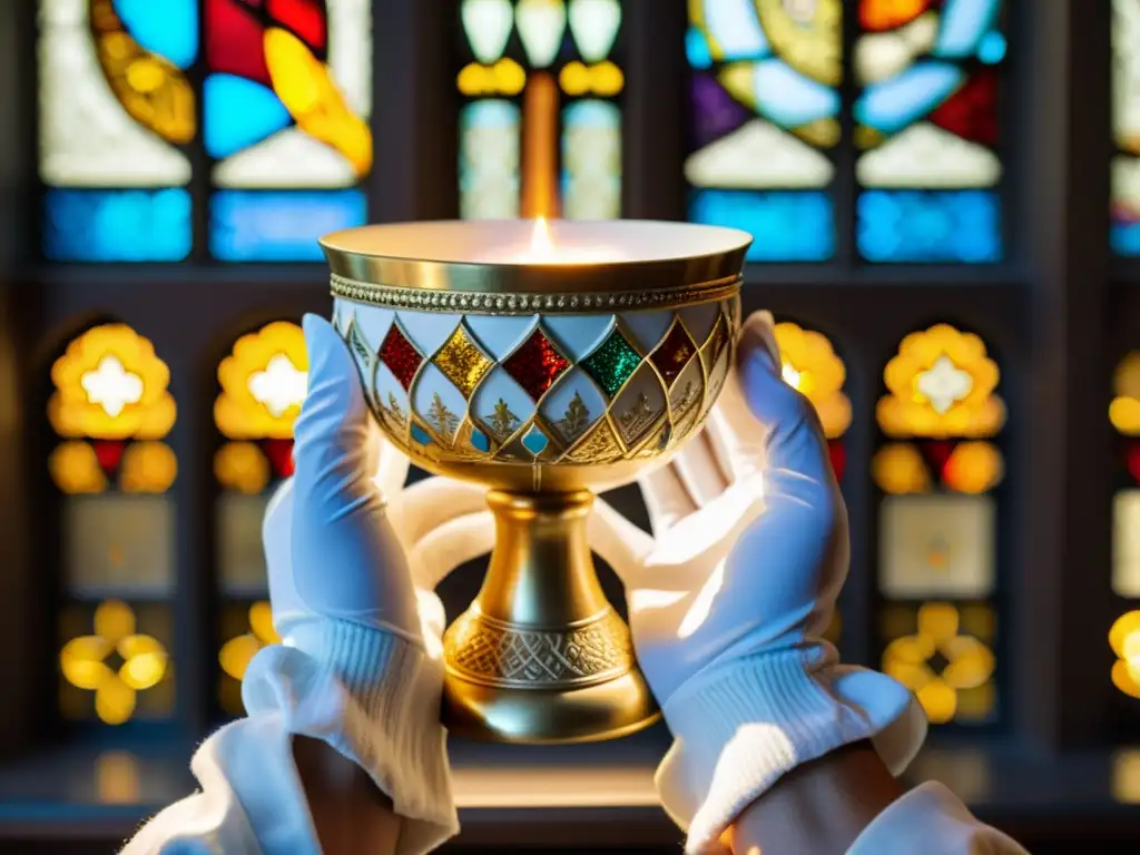 Un par de manos lleva guantes blancos bordados, sosteniendo un cáliz ceremonial dorado con incienso