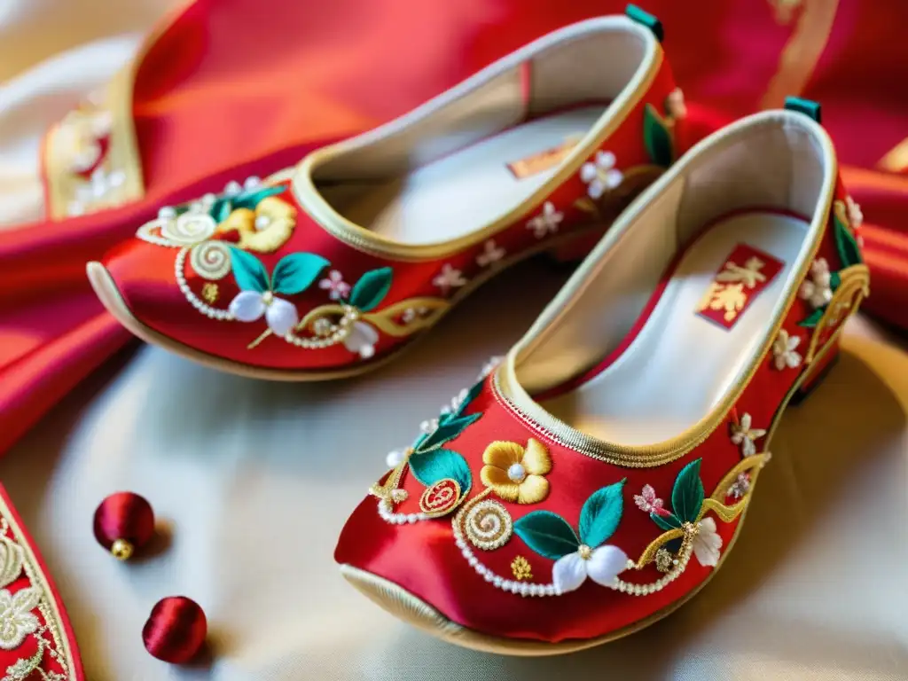 Par de zapatos de boda chinos rojos y dorados, con bordados florales y motivos simbólicos