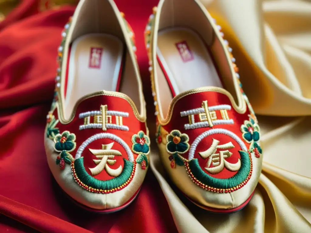 Par de zapatos de boda chinos rojos bordados con símbolos de buena suerte y felicidad, sobre seda dorada