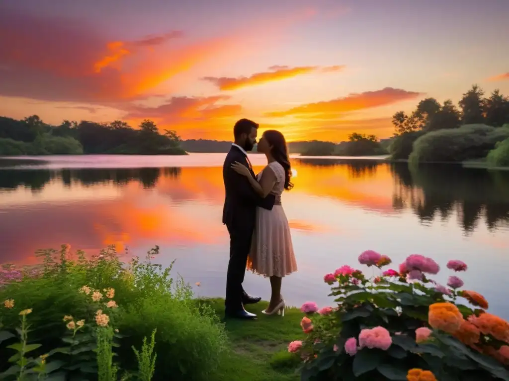 Una pareja abrazada junto a un lago al atardecer, rodeada de naturaleza exuberante y flores