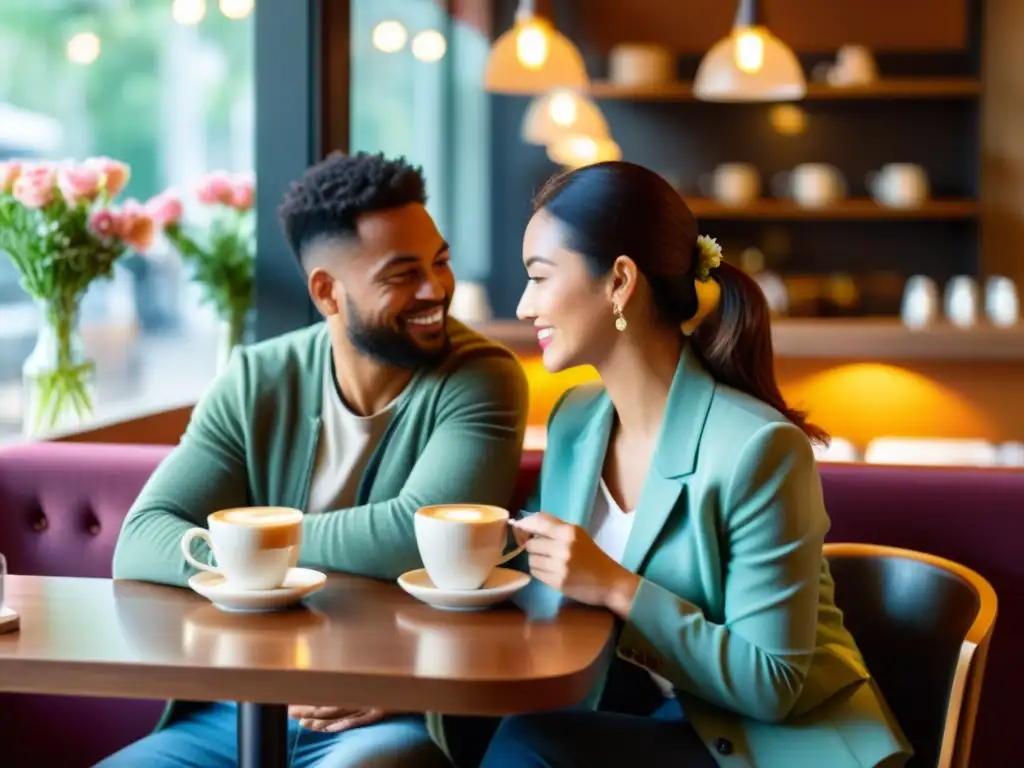 Una pareja disfruta de un acogedor café iluminado por la cálida luz del sol