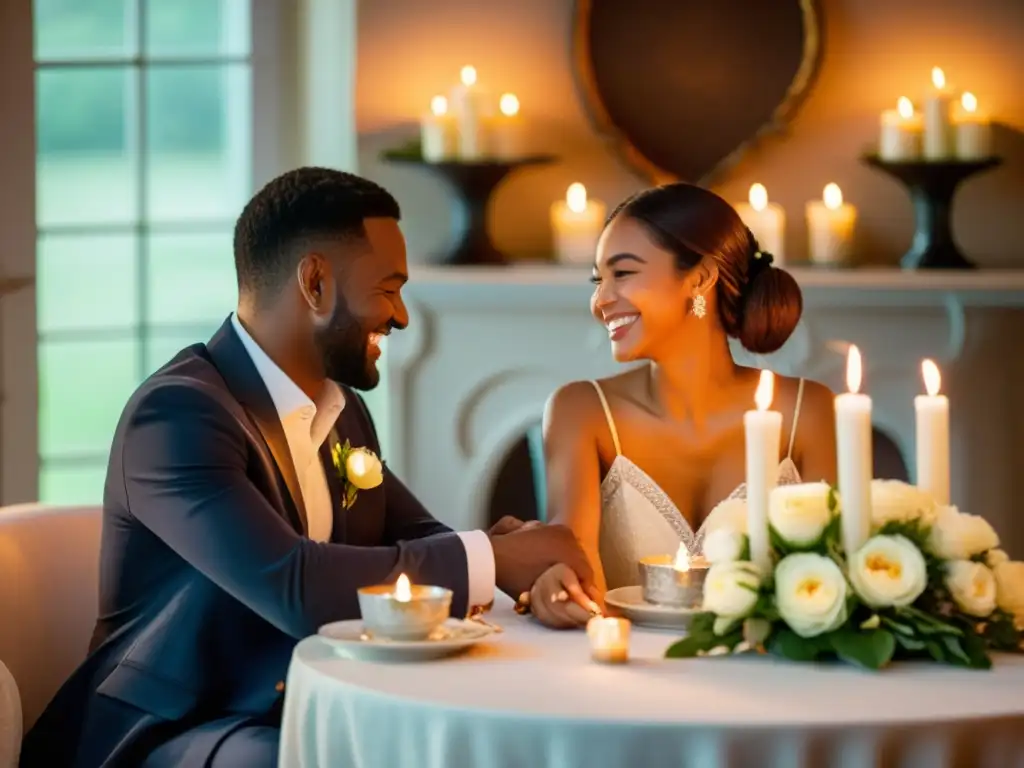 Una pareja celebra el amor a través de rituales para fortalecer la relación en casa, rodeados de velas y flores