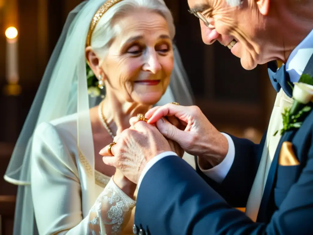 Una pareja de ancianos intercambia anillos de boda en una iglesia iluminada por velas, reflejando tradiciones emotivas en bodas latinoamericanas