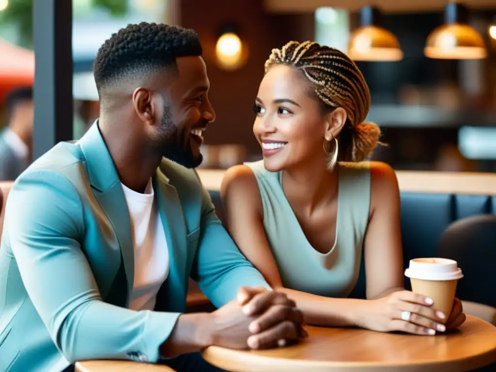 Una pareja disfruta de una animada conversación en una cafetería, iluminados por la cálida luz natural