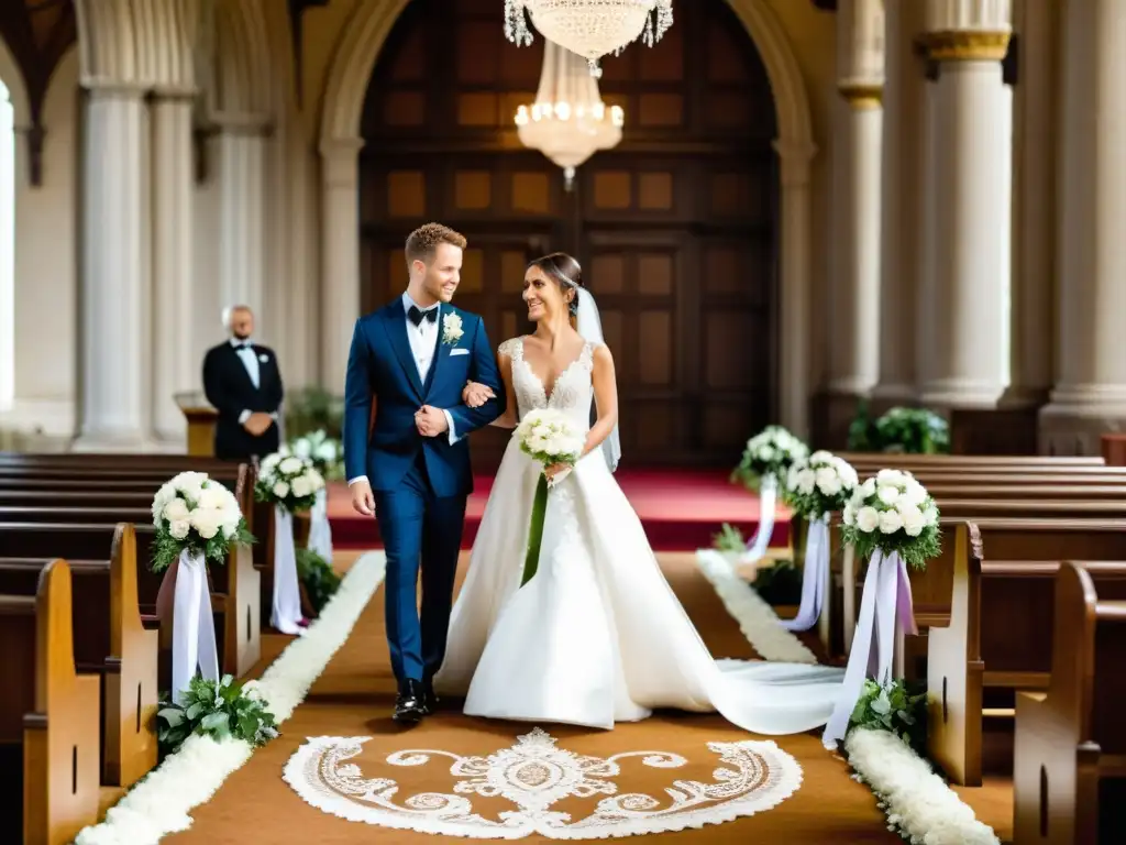 Una pareja de recién casados se prepara para cortar una cinta en una tradición nupcial significativa en una elegante catedral europea