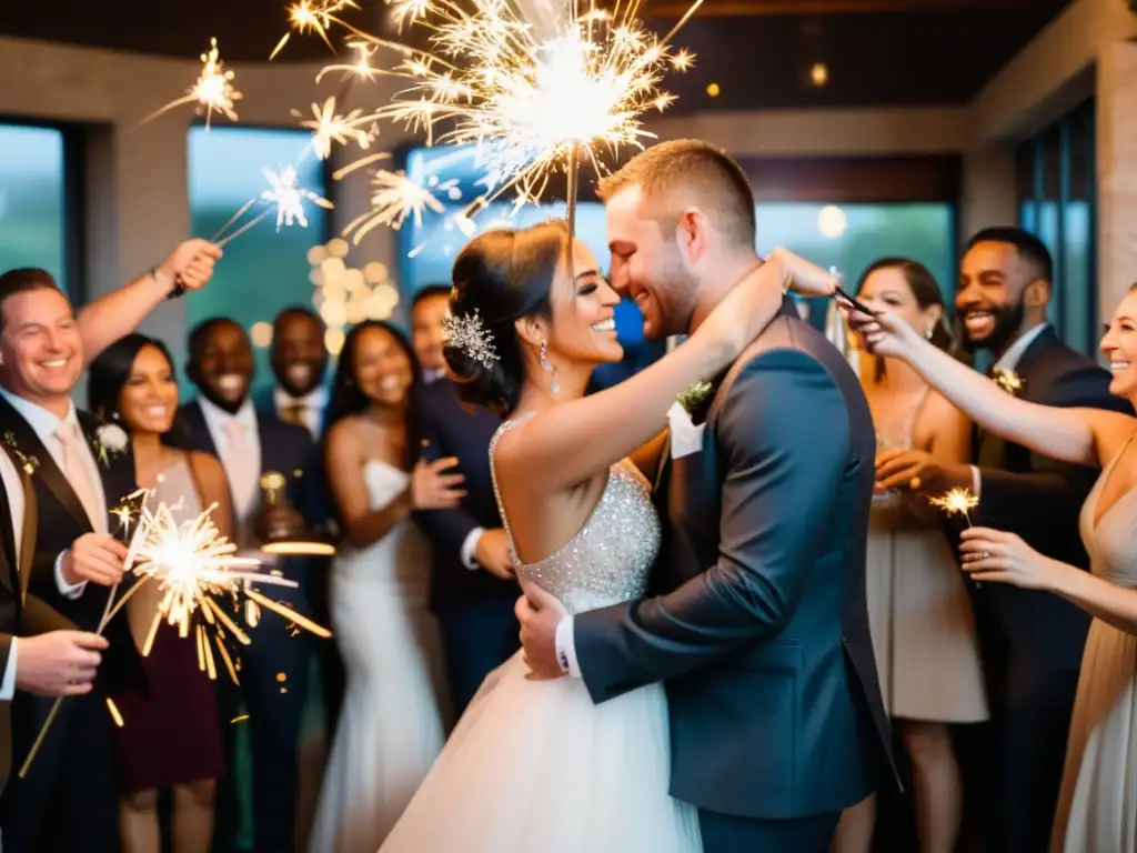 Una pareja de recién casados abrazándose bajo una lluvia de chispas de bengala en su boda de víspera de año nuevo, rodeados de familiares y amigos