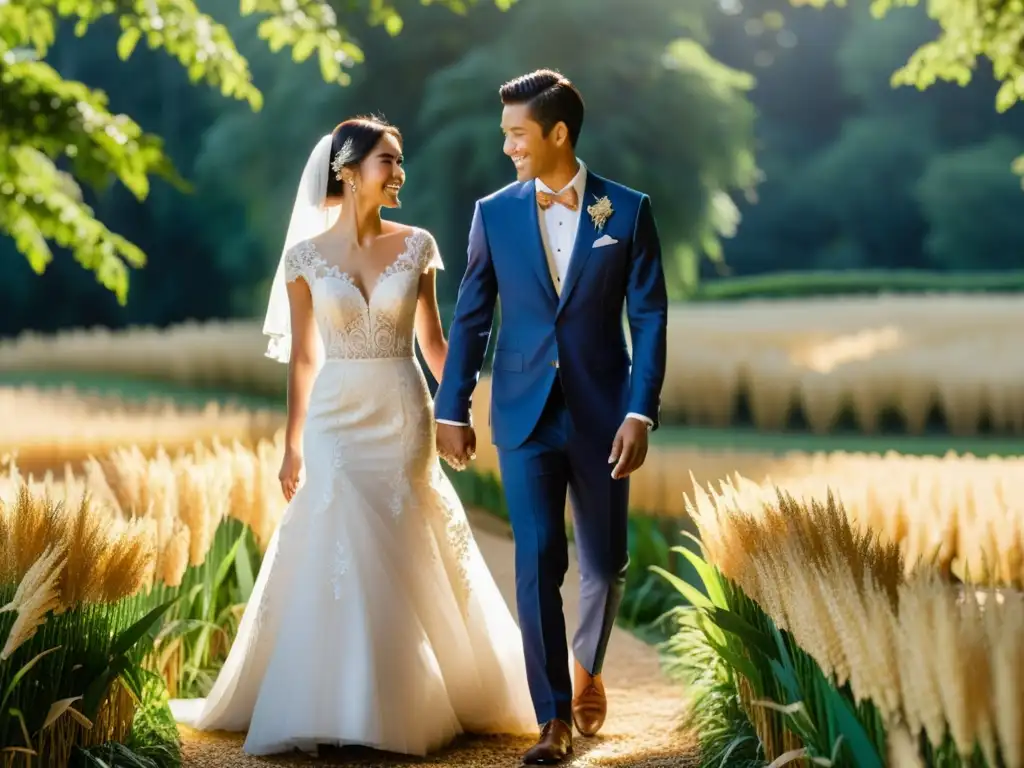 Una pareja de recién casados camina por un sendero salpicado de arroz recién trillado, con luz dorada filtrándose entre los árboles