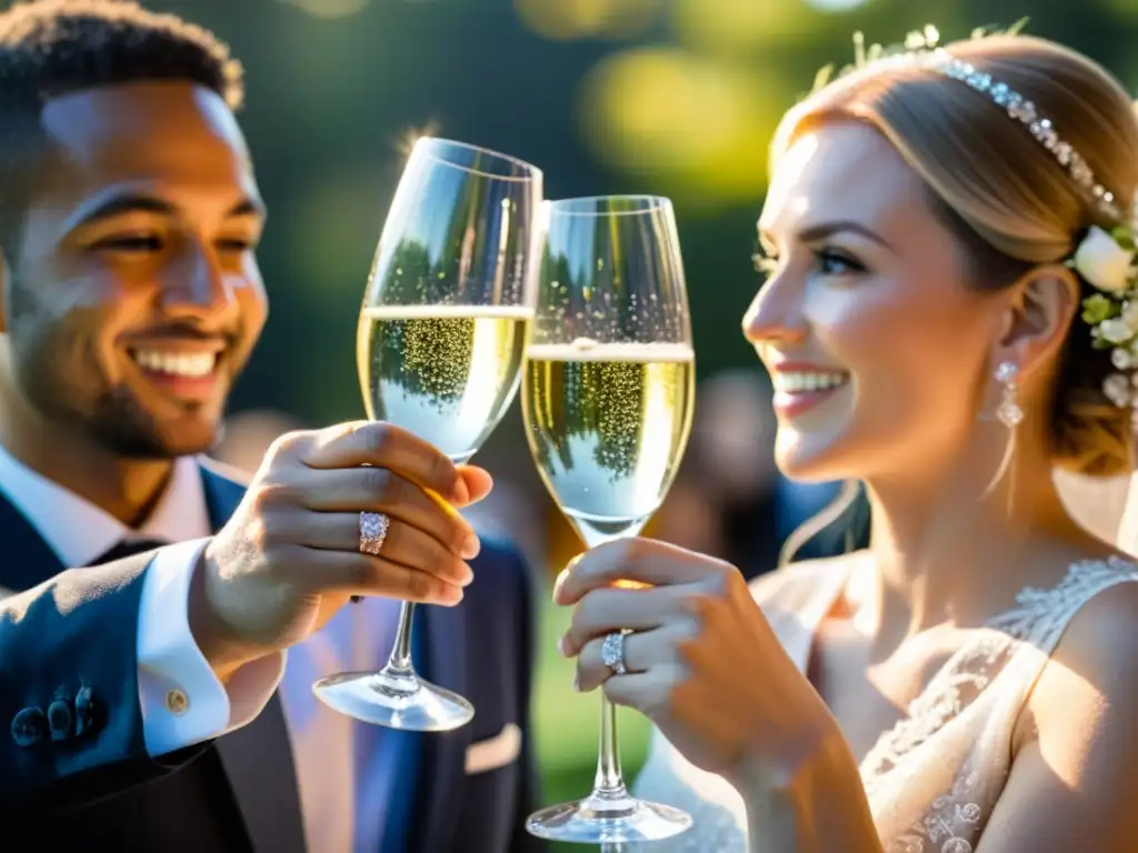 Una pareja brinda con copas de champán en su boda, capturando la emoción y el significado de las bebidas espumosas en las bodas